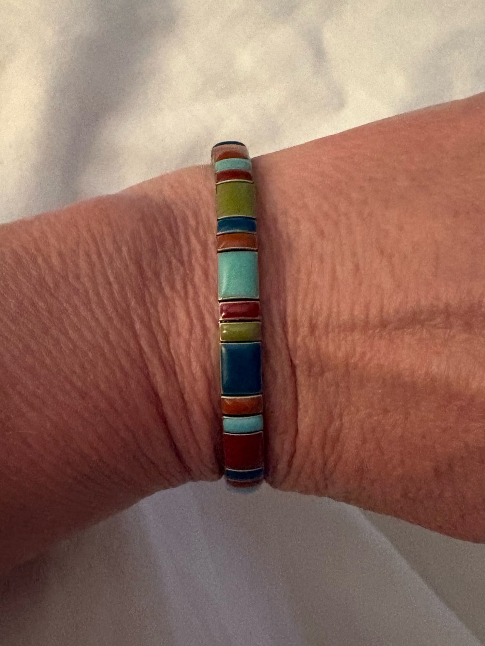 Stainless Steel Stretch Enamel Panel Bracelet Turquoise Burgundy Blue Green